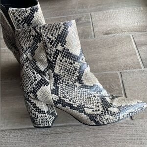 Marc Fisher Snake-Print Ankle Booties in Black and Cream